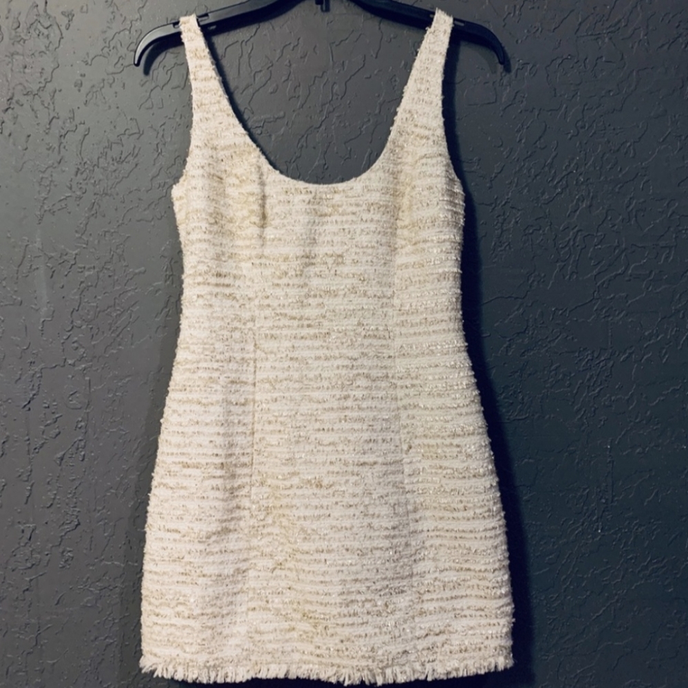 NBD Revolve Ivory Tweed & Metallic Gold Fringe Holiday Mini Dress